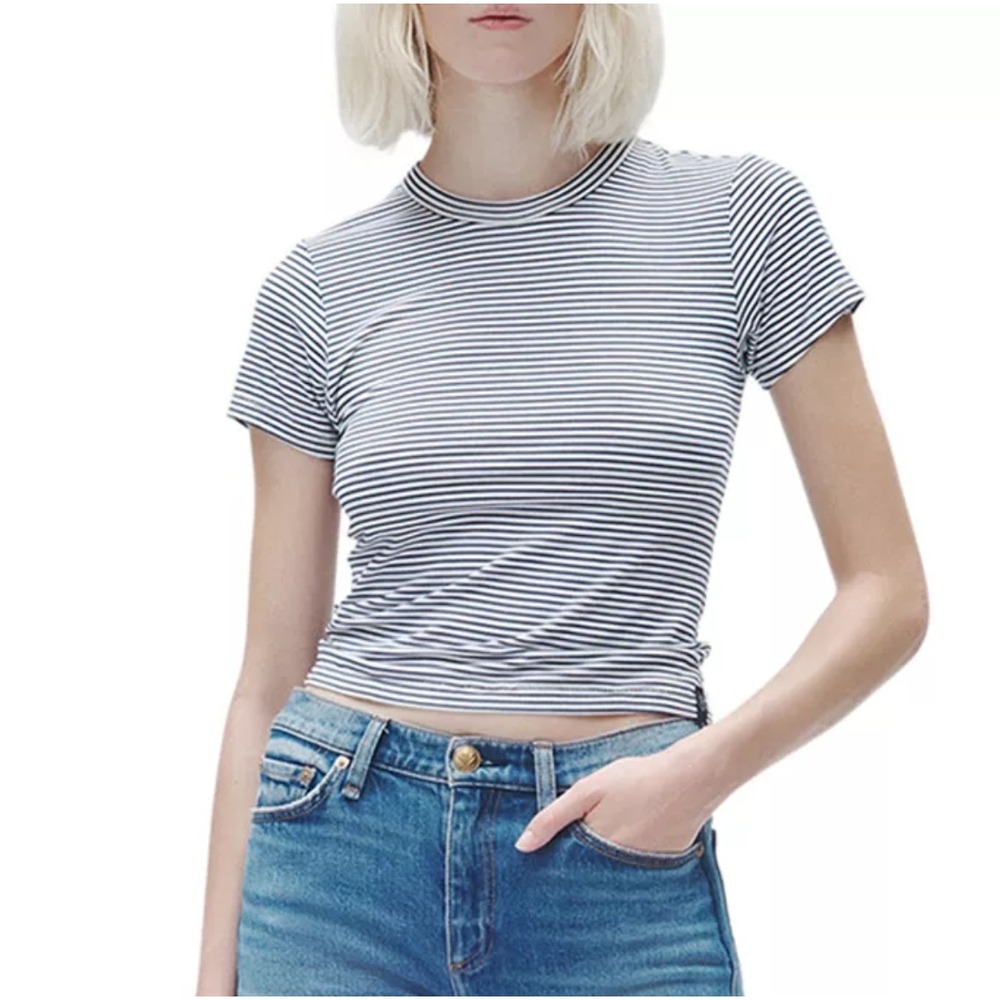 Rag & Bone New‎ York Striped Luca Short Sleeve Tee Black White Modal Size L